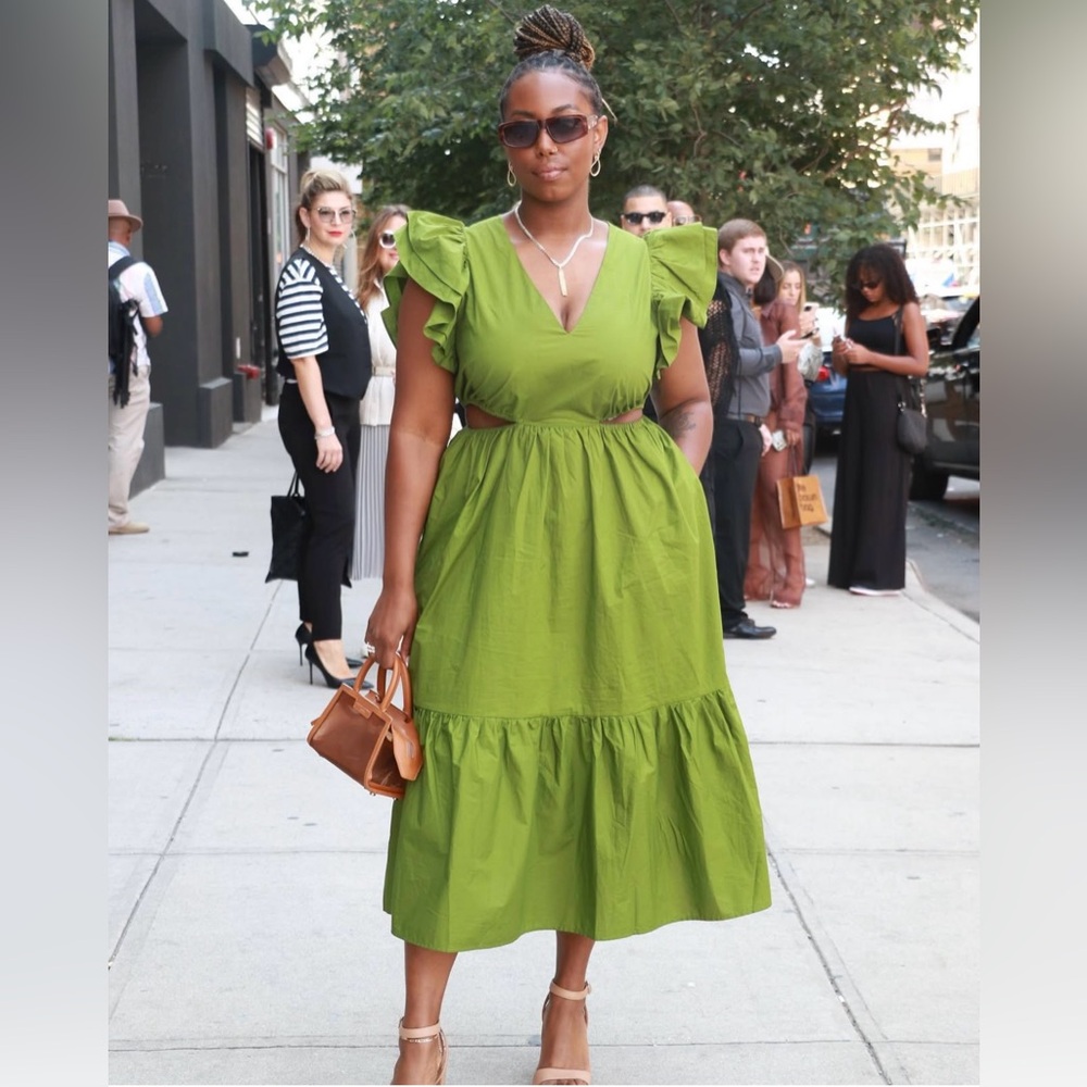 A New Day Olive Midi Dress with Ruffle Sleeves and Cut Outs size Large NWT - Picture 2 of 13